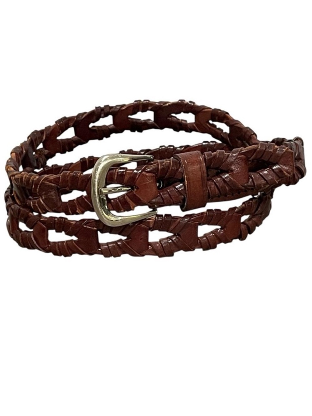 Vintage Capezio Woven Leather Brown Belt Boho Casual Solid Brass Buckle Women ML